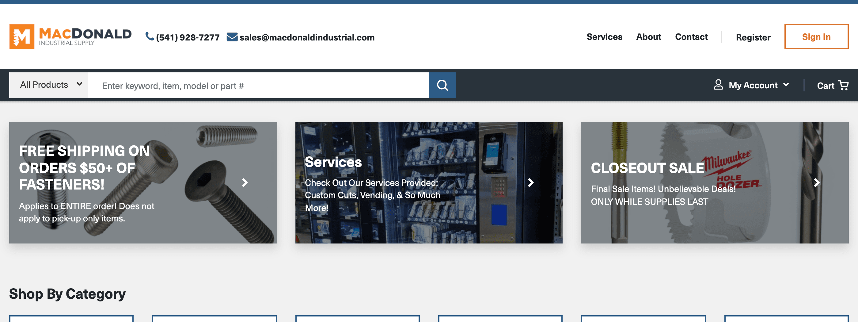 MacDonald Industrial Supply home page, with promotions for fastener shipping, services and a closeout sale