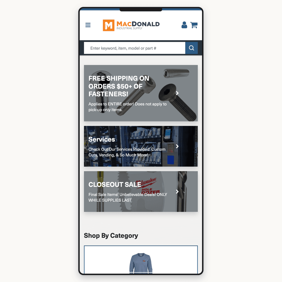 MacDonald Industrial Supply home page on a phone