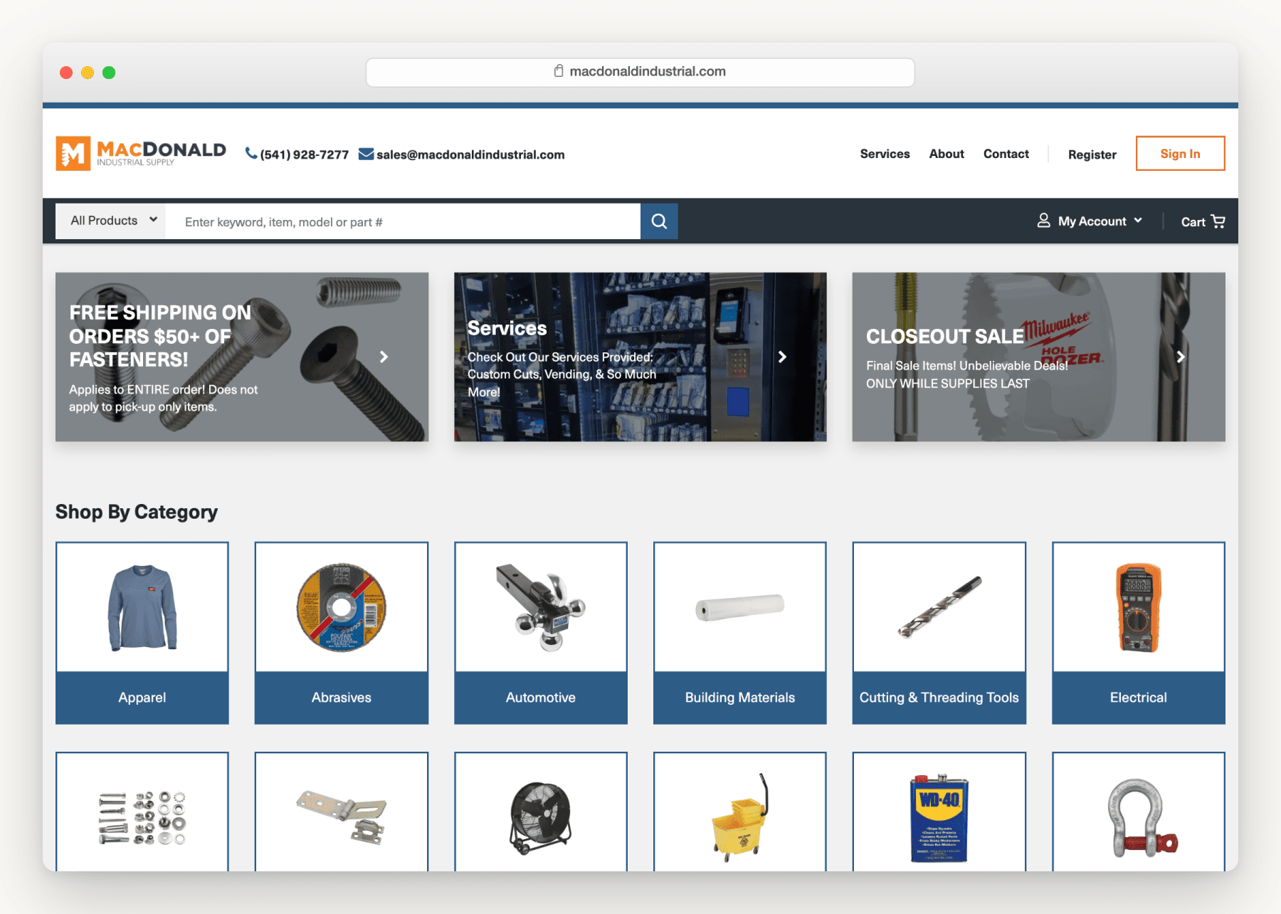 MacDonald Industrial Supply home page in a browser, showing its promotions and the shop-by-category grid