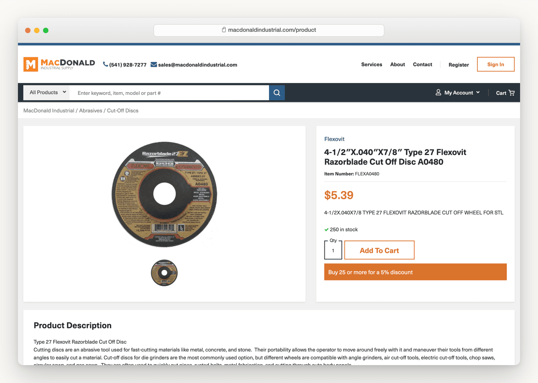 A MacDonald Industrial Supply product page for a Flexovit cut-off disc, with price, stock count and a bulk discount offer