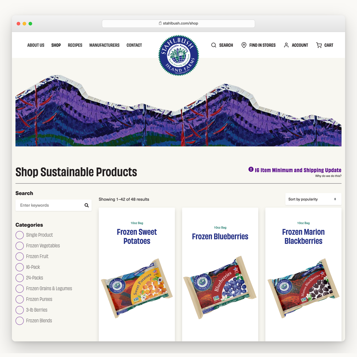 The Stahlbush shop page in a browser, with category filters and frozen products