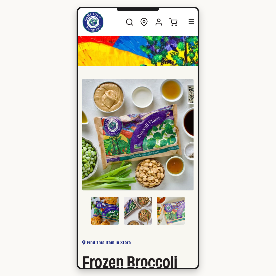 The Stahlbush Frozen Broccoli Florets product page on a phone