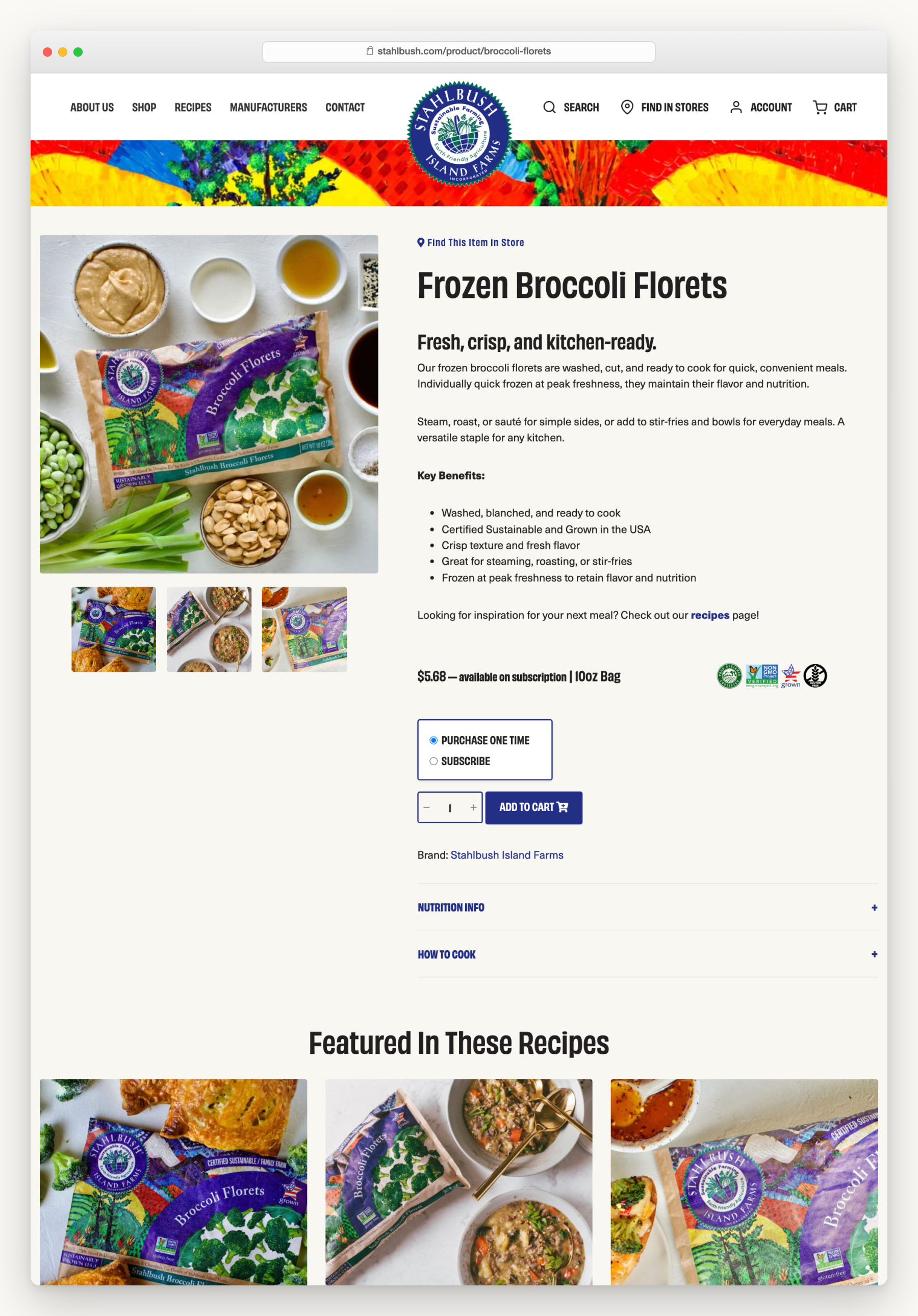 The Stahlbush Frozen Broccoli Florets product page, with add to cart, subscription option and recipes that use it
