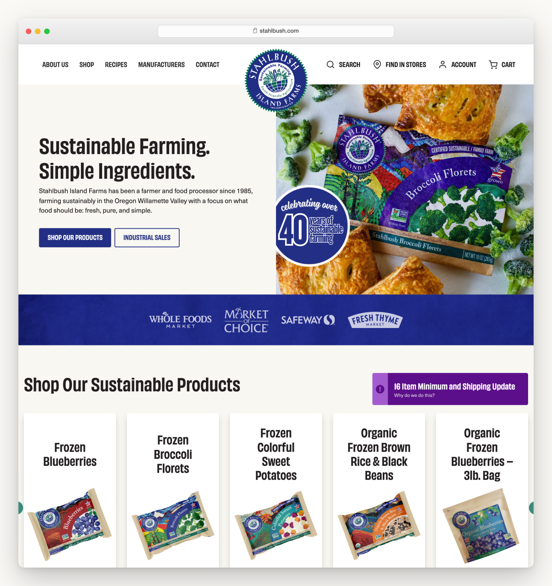 Stahlbush Island Farms home page in a browser, with the grocery stores that carry it and frozen products to order online