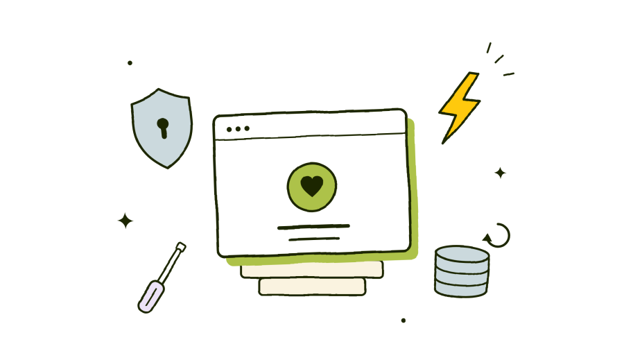 Hand-drawn illustration of a healthy website surrounded by a shield, lightning bolt, screwdriver, and backups