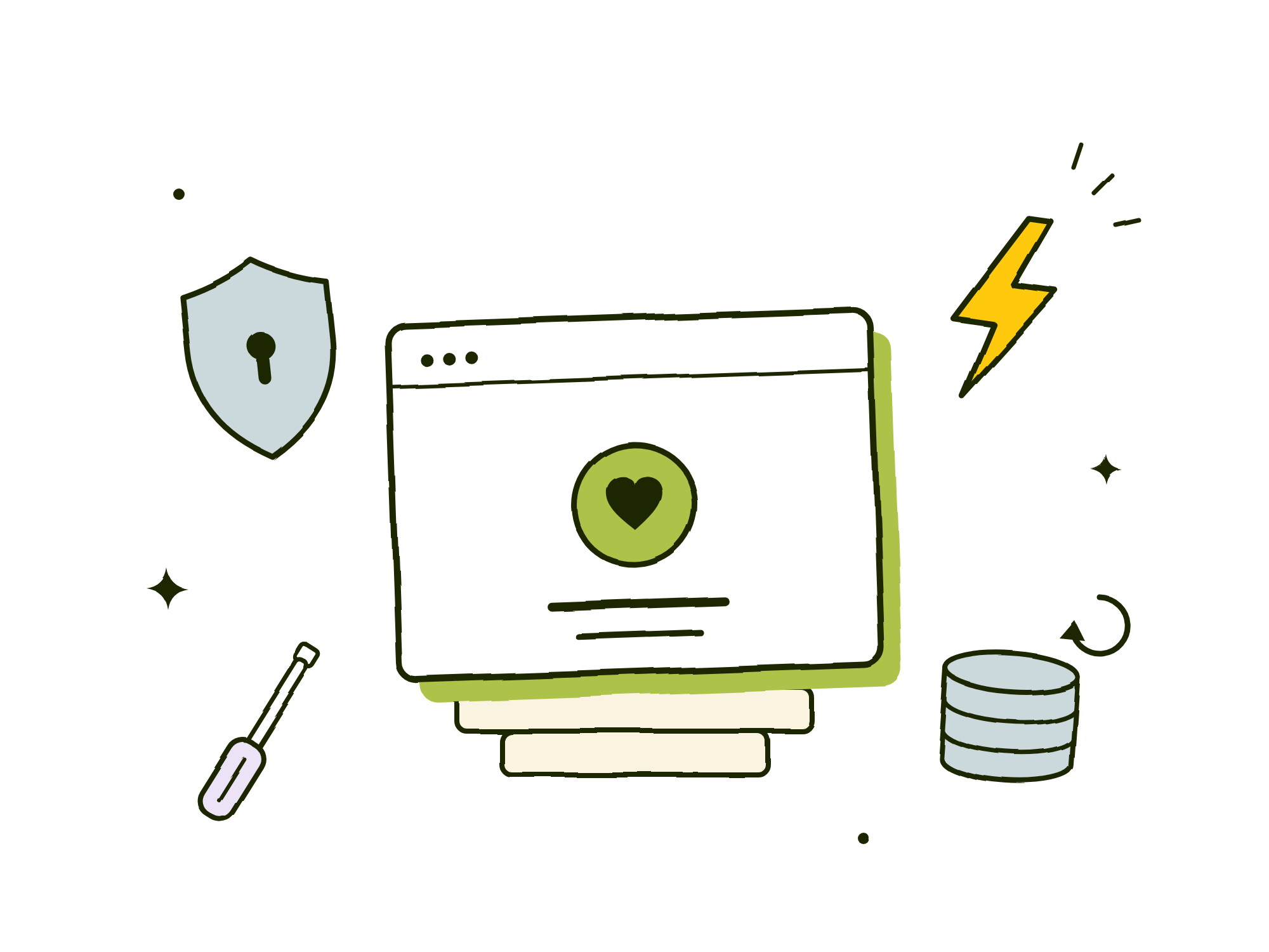 Hand-drawn illustration of a healthy website: a browser with a heart resting on foundation blocks, with a shield, lightning bolt, screwdriver, and backups