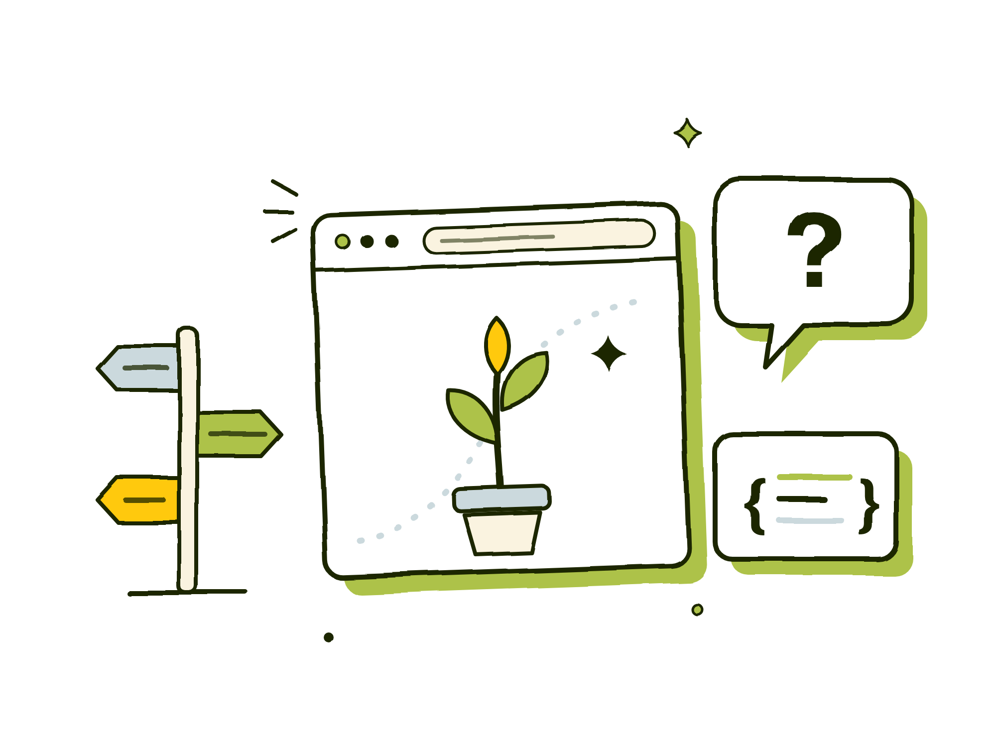 Hand-drawn illustration of organic search growth: a signpost with three arms, a browser window with a seedling growing inside it, a question-mark speech bubble, and a card of structured data in curly braces