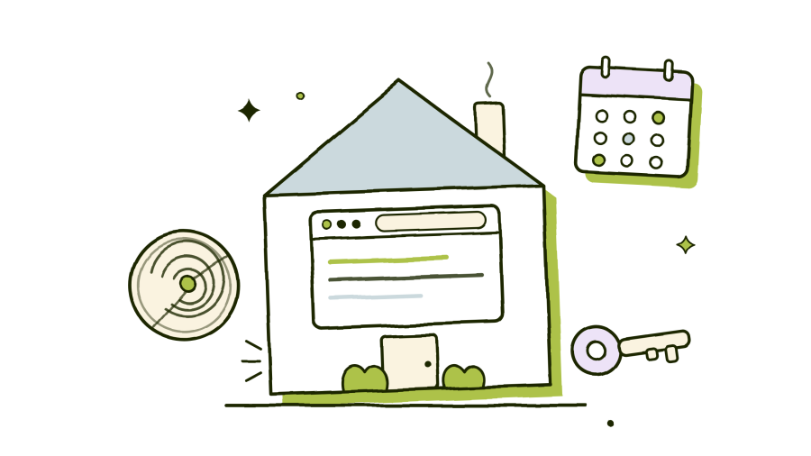 Hand-drawn illustration of a long client relationship: a house whose front window is a browser window, a cut log showing its growth rings, a wall calendar with marked dates, and a key