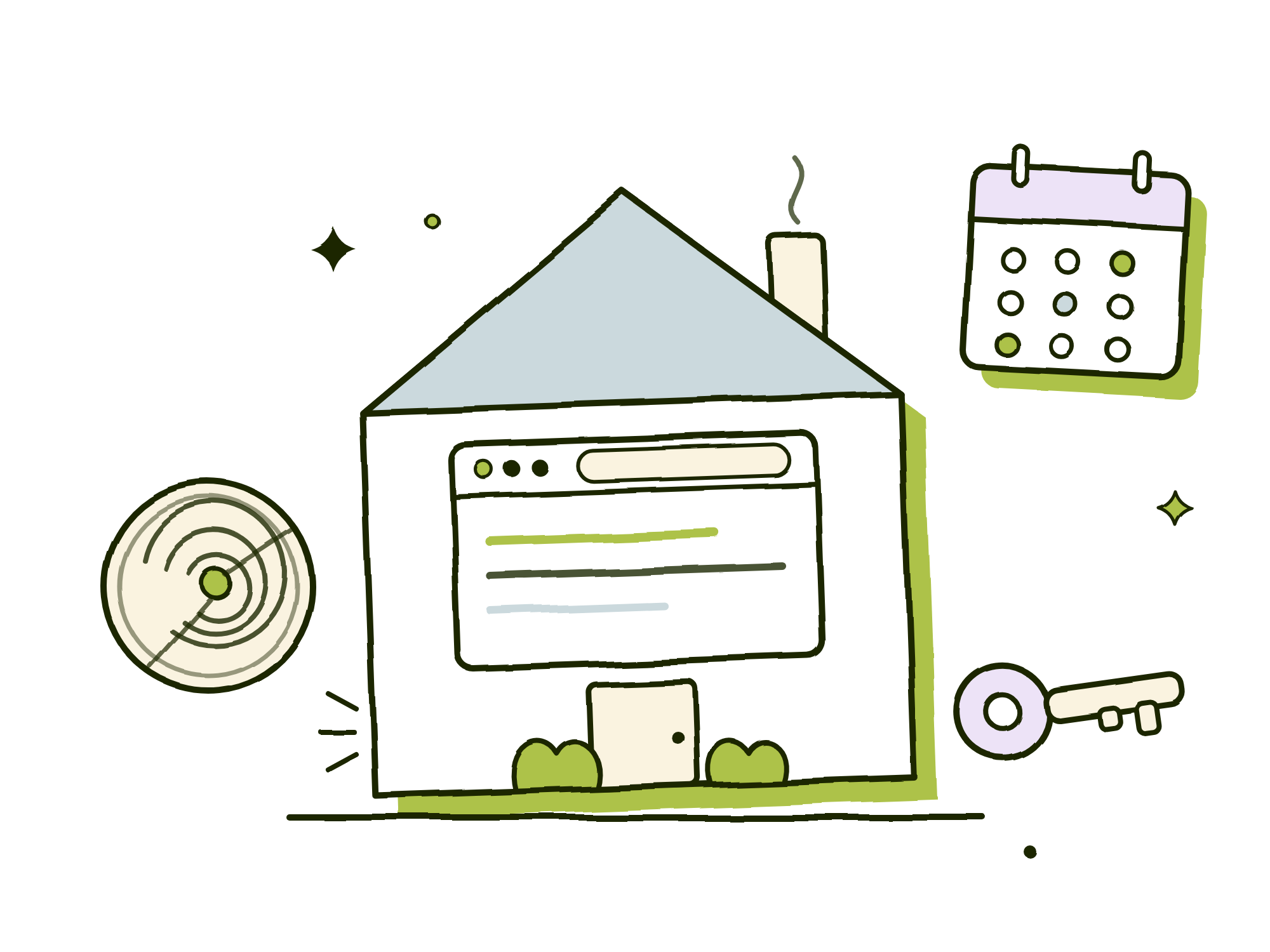 Hand-drawn illustration of a long client relationship: a house whose front window is a browser window, a cut log showing its growth rings, a wall calendar with marked dates, and a key