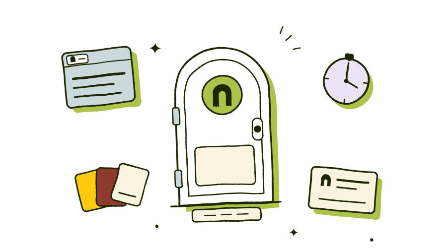 Hand-drawn illustration of an arched front door carrying a logo mark, ringed by a browser tab, a stopwatch, color swatches, and a business card