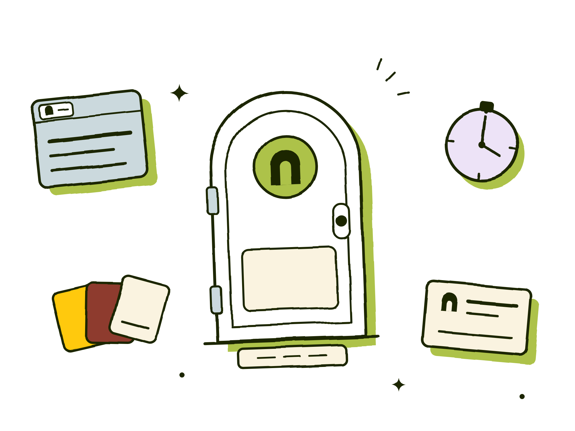Hand-drawn illustration of an arched front door carrying a logo mark, ringed by a browser tab showing the same mark, a stopwatch, a fan of color swatches, and a business card