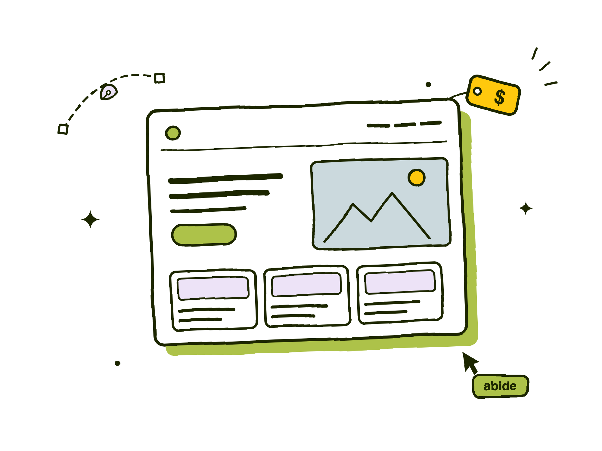 Hand-drawn illustration of a website design mockup in Figma with a price tag