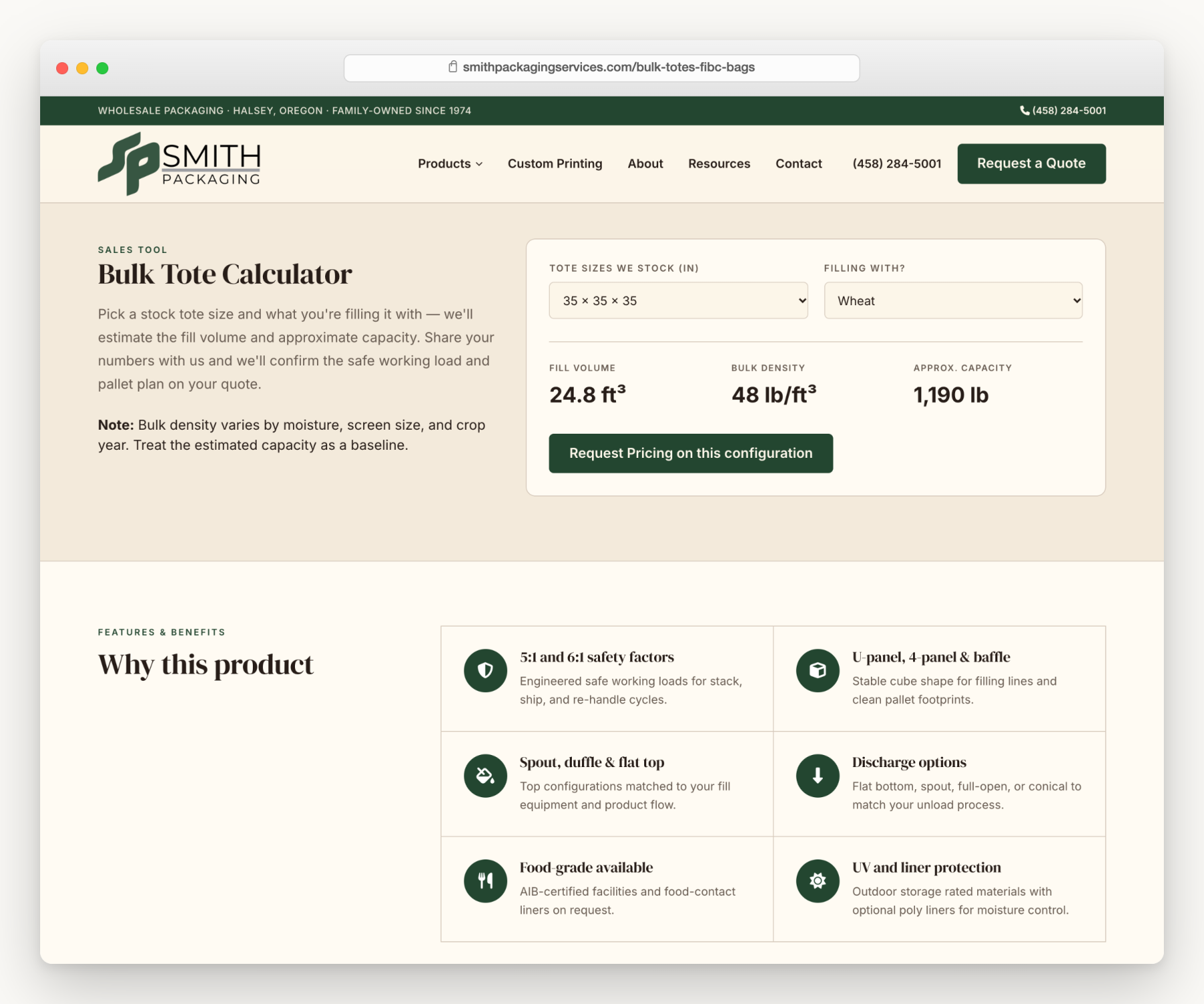 The bulk tote calculator on the Smith Packaging website
