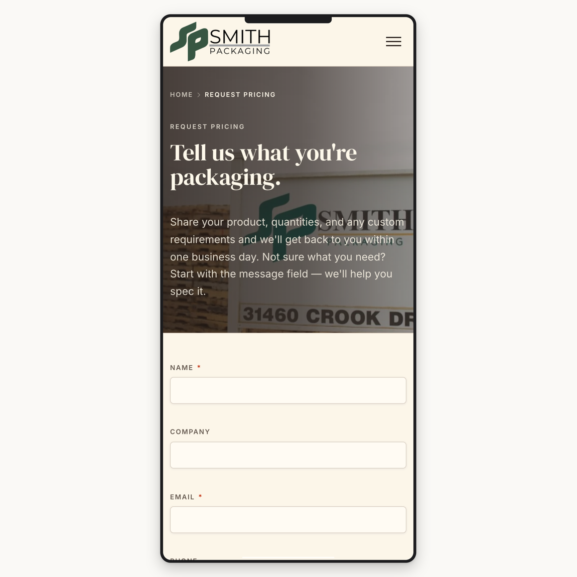 The Smith Packaging request pricing form on a phone