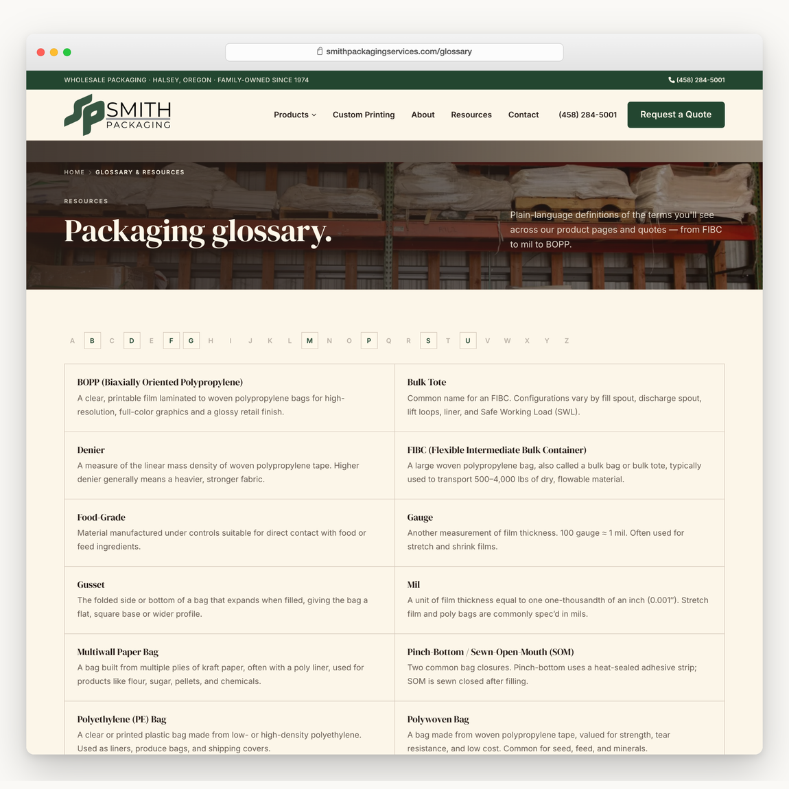 The Smith Packaging packaging glossary in a browser