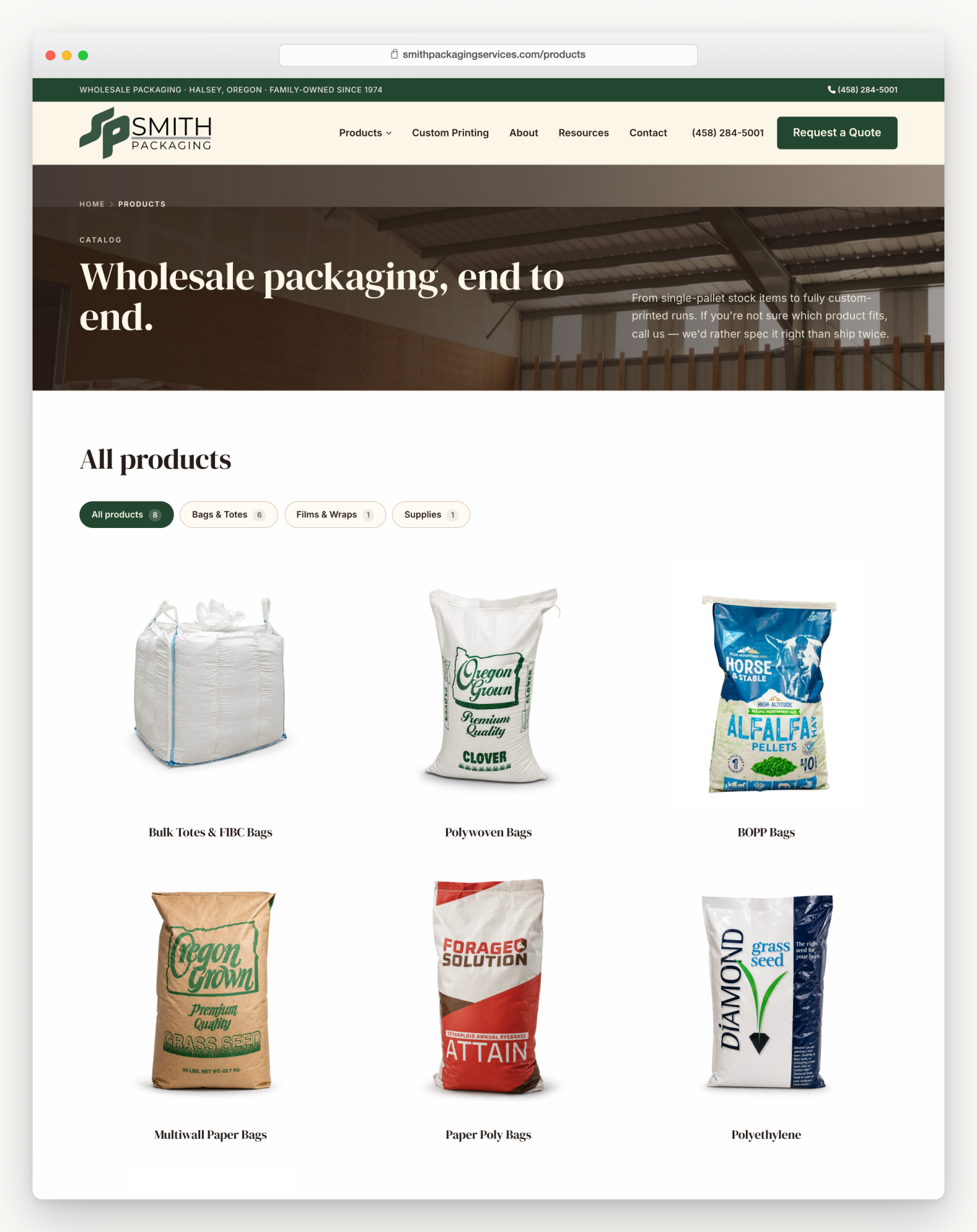 The Smith Packaging product catalog in a browser